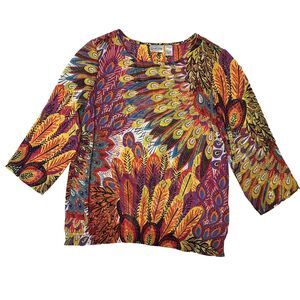 Chico's 0 Top Size 4 Small SHEER 3/4 Sleeves Peacock Feathers Colorful Blouse